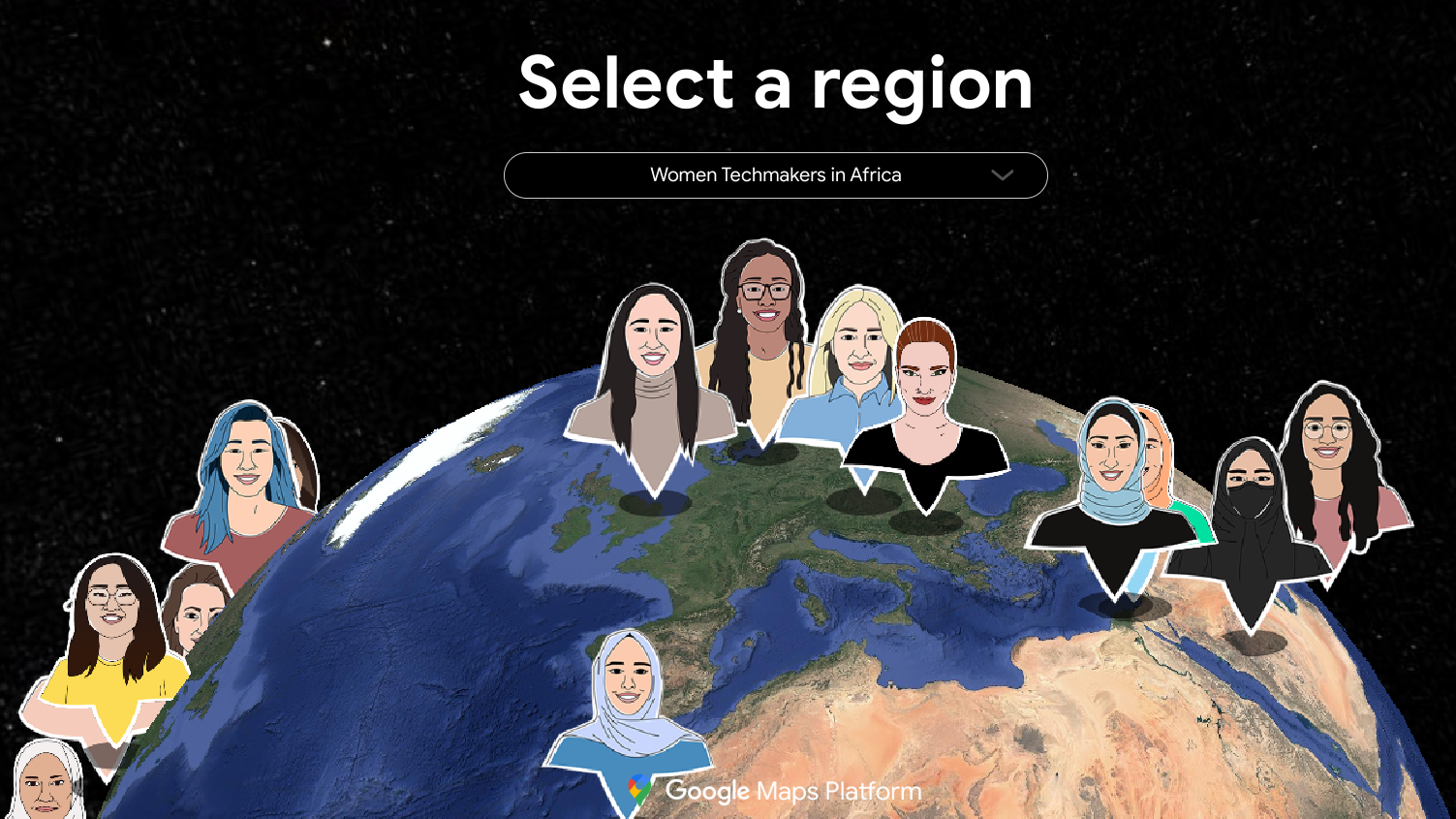 Gambar Google Maps dengan teks &#39;Pilih wilayah&#39; di bagian atas. Di bawahnya, ada dua opsi: &#39;Women Techmakers in Africa&#39; dan &#39;Google Maps Platform&#39;. Gambar menampilkan beberapa Duta Women Techmakers yang berbeda di seluruh dunia. 