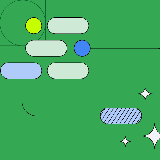 Uma representação visual de um processo ou fluxo de trabalho, usando várias formas coloridas conectadas por linhas.