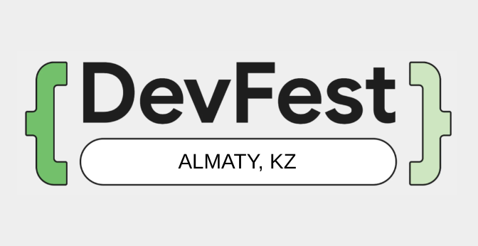 Gambar yang menampilkan teks &#39;DevFest&#39; yang diapit tanda kurung kurawal dan lokasi &#39;Almaty, KZ&#39; ditampilkan di bawah ini. Logo memiliki skema warna hijau.