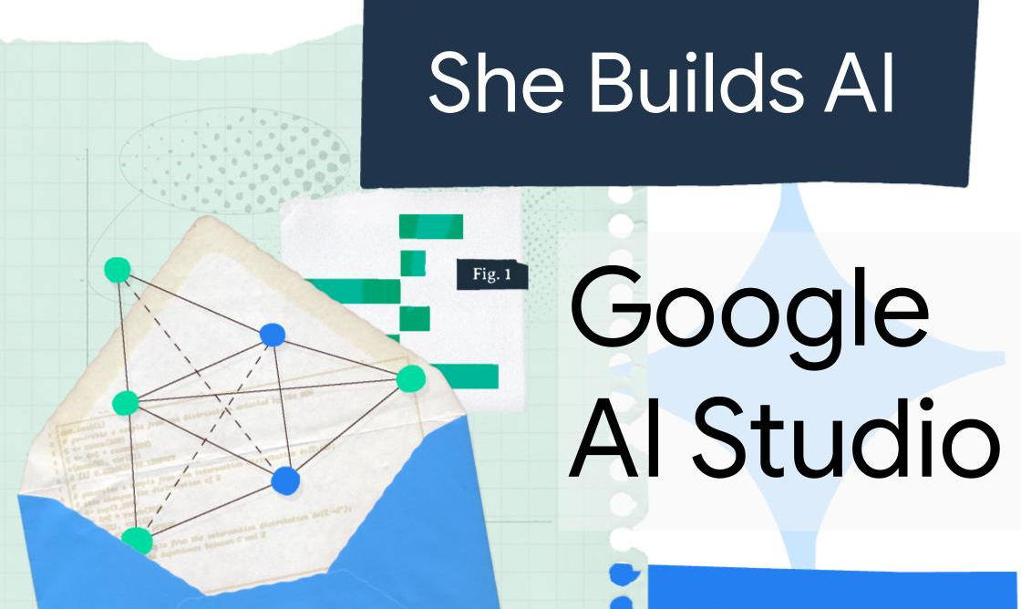 Amplop biru dengan garis hijau yang menghubungkan titik-titik di dalamnya diletakkan di atas selembar kertas kusut. Kata-kata &#39;She Builds AI&#39; muncul di banner biru tua di atas, dan &#39;Google AI Studio&#39; ditulis dengan huruf putih besar di bawah.