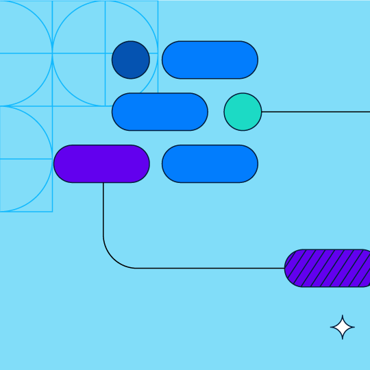 Representación visual de un proceso o flujo de trabajo en el que se usan formas de varios colores conectadas por líneas.