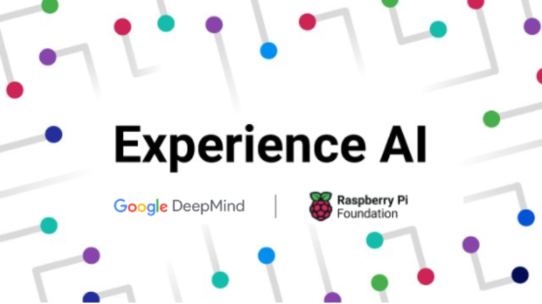 Image colorée avec le texte &quot;Expérience de l&#39;IA&quot; en lettres blanches de grande taille. Les mots &quot;Google DeepMind&quot; et &quot;Raspberry Pi Foundation&quot; s&#39;affichent ci-dessous en lettres blanches plus petites et séparés par une ligne verticale. L&#39;arrière-plan est un motif blanc composé de lignes et de points interconnectés de différentes couleurs.