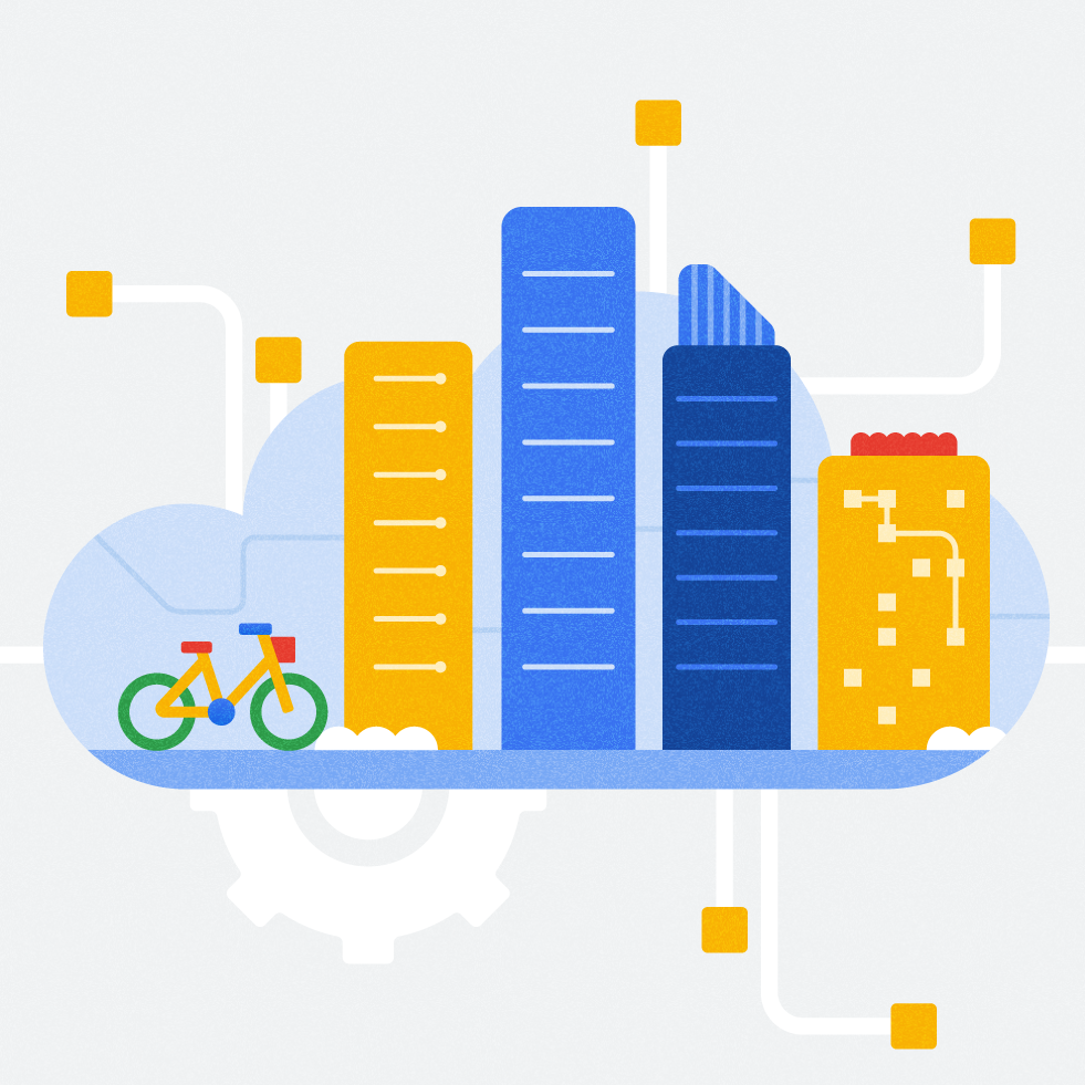 Illustration en forme de nuage avec des bâtiments et un vélo à l&#39;intérieur. Les bâtiments représentent différents types d&#39;entreprises et d&#39;organisations. Des fils et des carrés relient les bâtiments les uns aux autres et au cloud, symbolisant la connectivité et la transformation numérique.