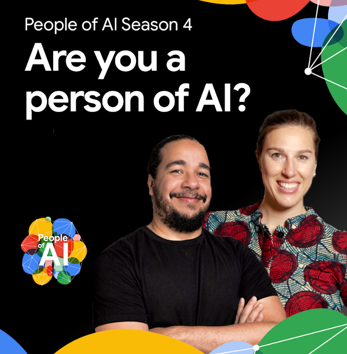 En la imagen, se muestran Gus y Ashley uno al lado del otro. El fondo es negro con formas y líneas de colores. El texto &quot;People of AI Season 4&quot; está en la parte superior, seguido de la pregunta &quot;Are you a person of AI?&quot; en una fuente blanca grande. El logotipo de People of AI se encuentra en la esquina inferior izquierda.