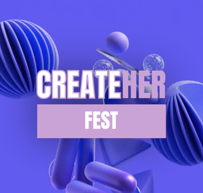 图片显示了紫色背景上的白色字母“CREATEHER FEST”。背景充满了各种紫色系抽象 3D 形状。