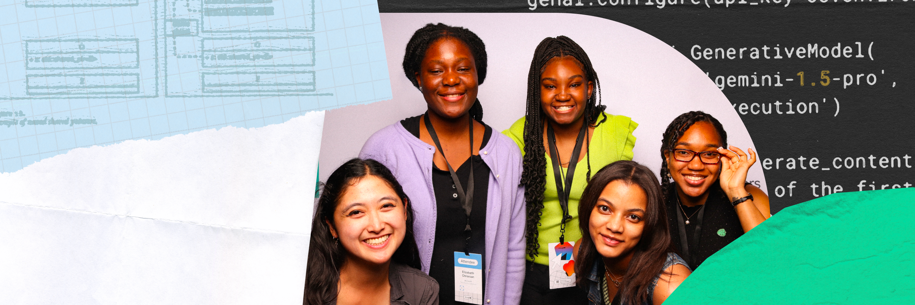 Hay una foto grupal de Women Techmakers en el centro del banner, rodeada de fragmentos de código que incluyen importaciones para las bibliotecas de os y google.generativeai, y una llamada a función para generar texto.