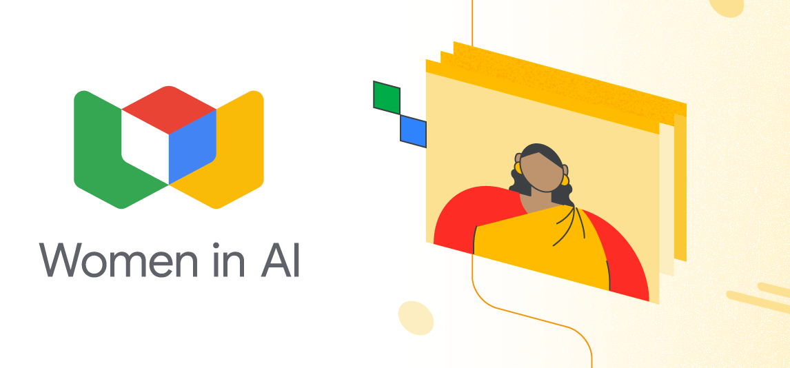 El logotipo de Women in AI, una “W” estilizada con bloques coloridos, aparece junto a una ilustración de una mujer con un sari rojo y amarillo que mira hacia el usuario.