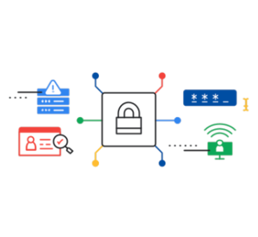 Abstract illustration with different cybersecurity icons, such as a shield, a padlock, a key, and a computer.