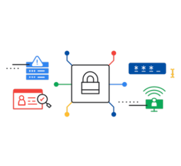 Ilustración abstracta con diferentes íconos de seguridad cibernética, como un escudo, un candado, una llave y una computadora.