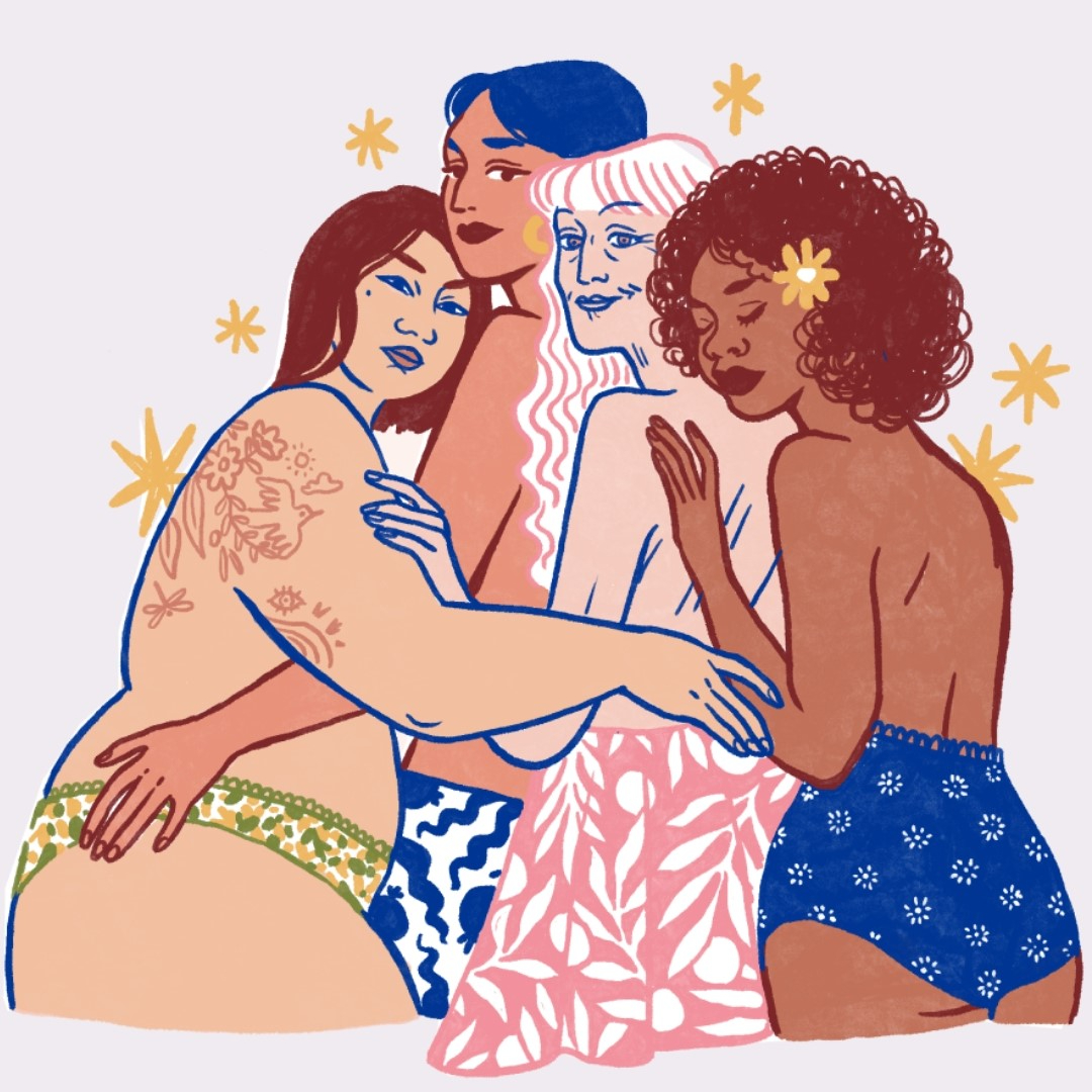 Ilustração de um grupo de mulheres se abraçando com estrelas ao redor