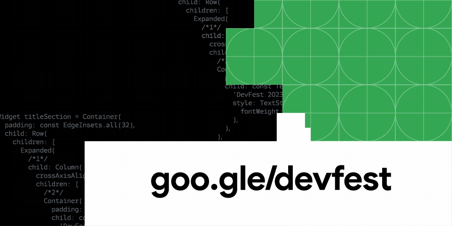 Animated GIF of the DevFest logo with colorful geometric shapes in the background and an arrow pointing to the DevFest website.