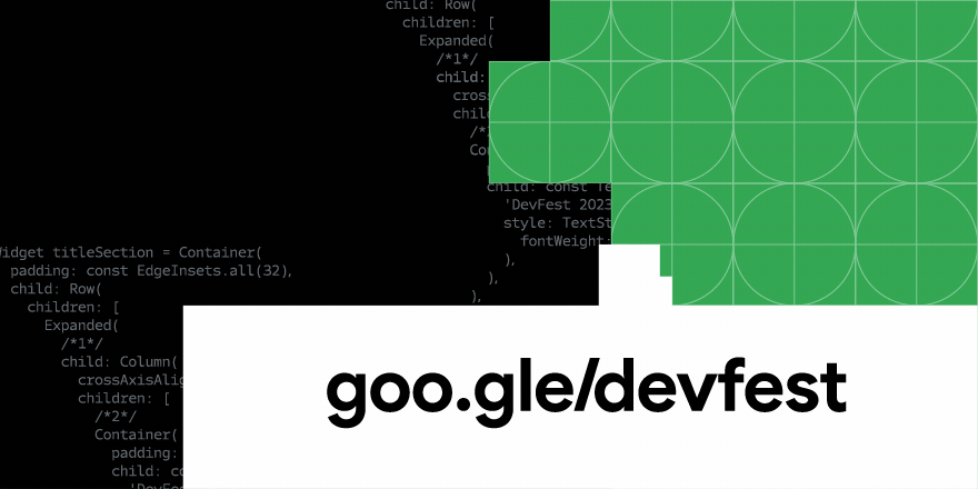 Animiertes GIF des DevFest-Logos mit bunten geometrischen Formen im Hintergrund und einem Pfeil, der auf die DevFest-Website verweist.