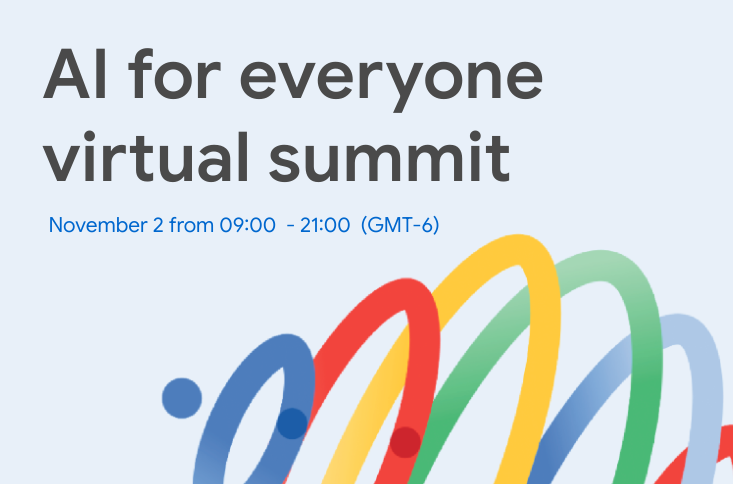 Banner biru muda untuk &#39;AI for everyone virtual summit&#39; dengan ilustrasi abstrak gelombang ML.