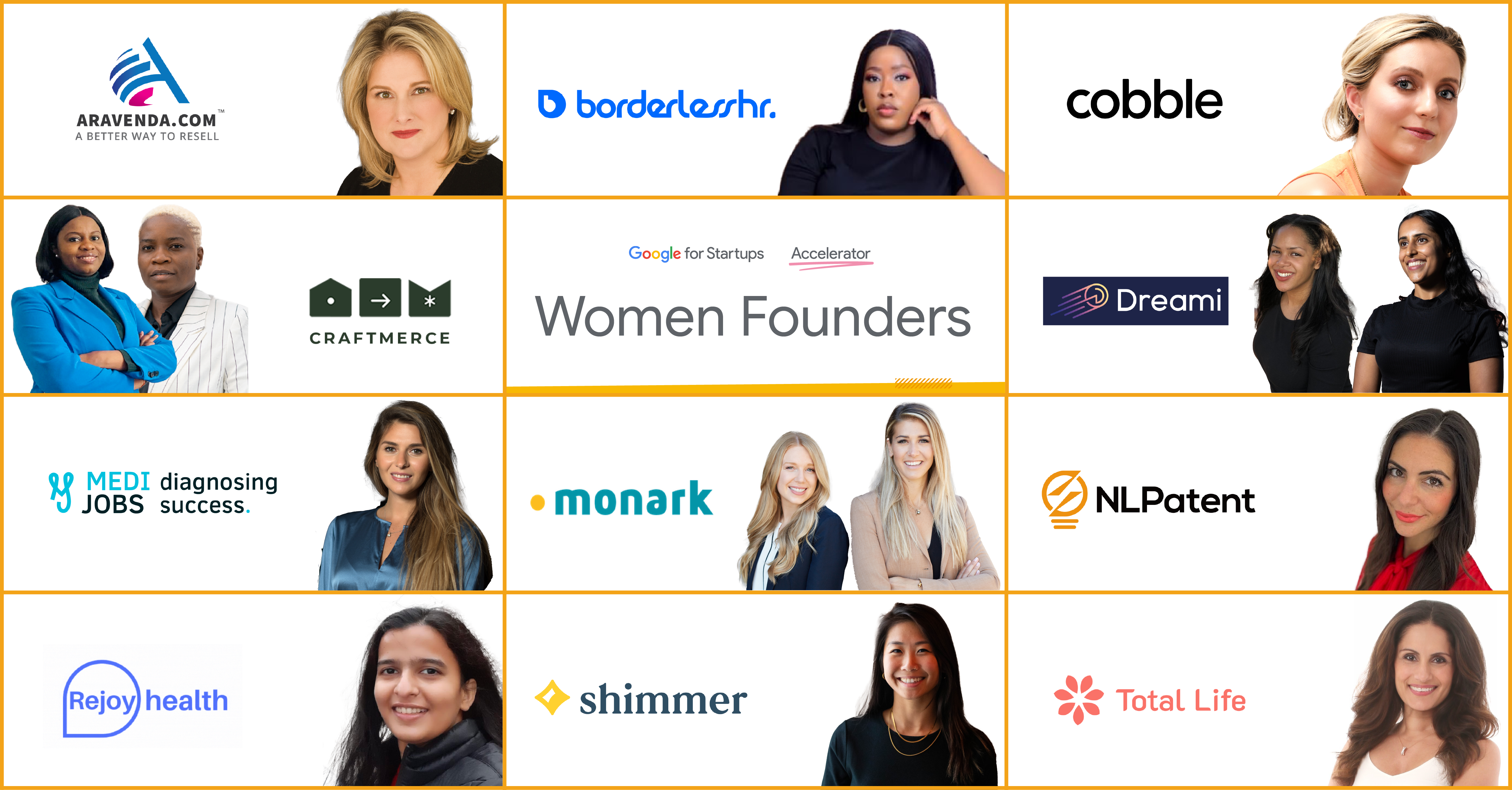 A white banner with a grid of photos of women founders, each with their startup's logo next to them. The women are all smiling and look confident. The logos are colorful and varied, representing the diversity of the startups.