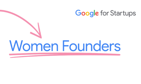 Panah merah muda menyoroti logo Women Founders berwarna biru. Logo Google for Startups muncul di sudut kanan atas.