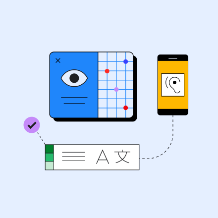 Um círculo azul contendo ilustrações de várias ferramentas de acessibilidade, como aparelhos de leitura, aparelhos auditivos e dispositivos de tradução.