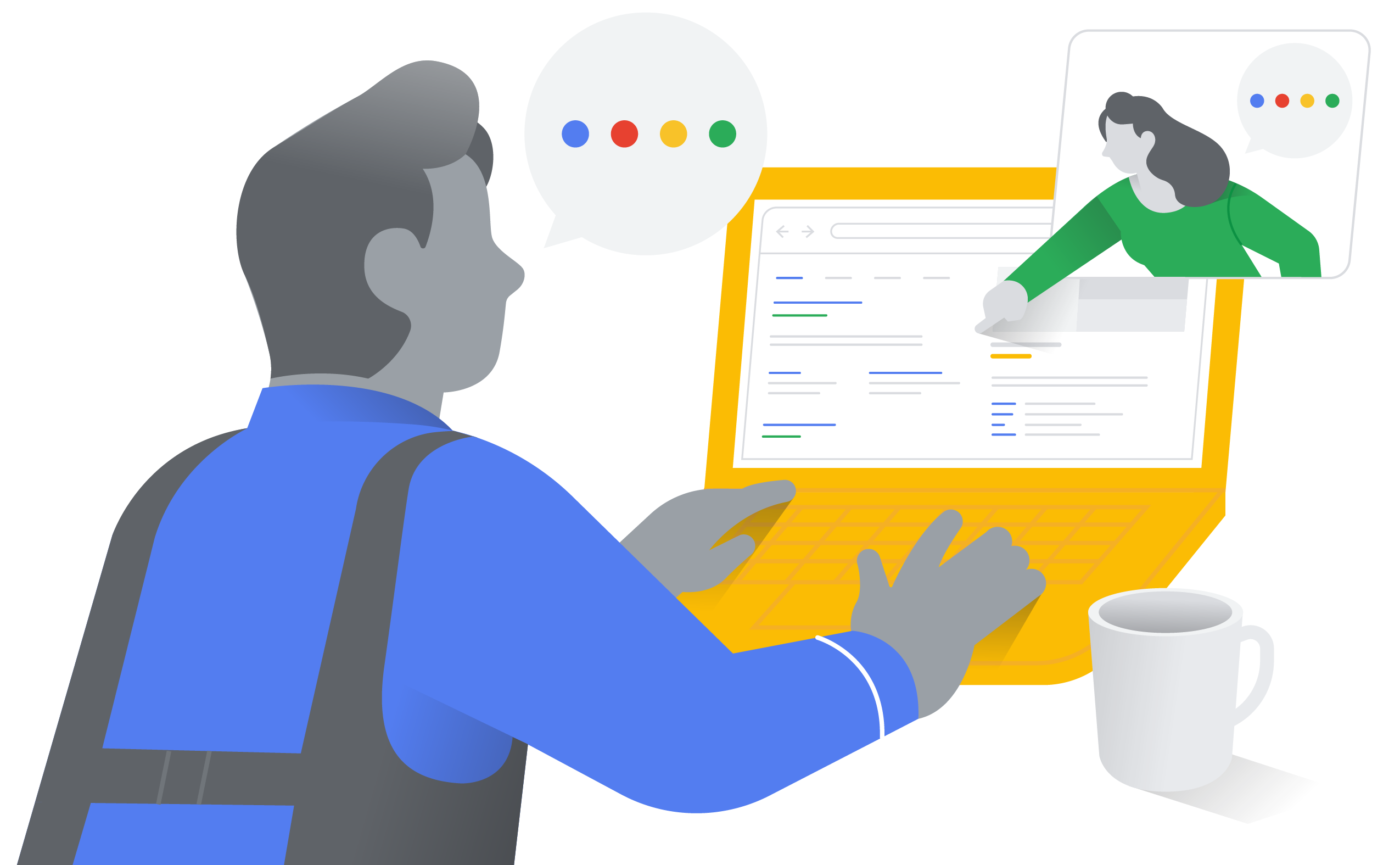 Ilustración colorida de un hombre que realiza una videoconferencia con un experto de Google usando su laptop.