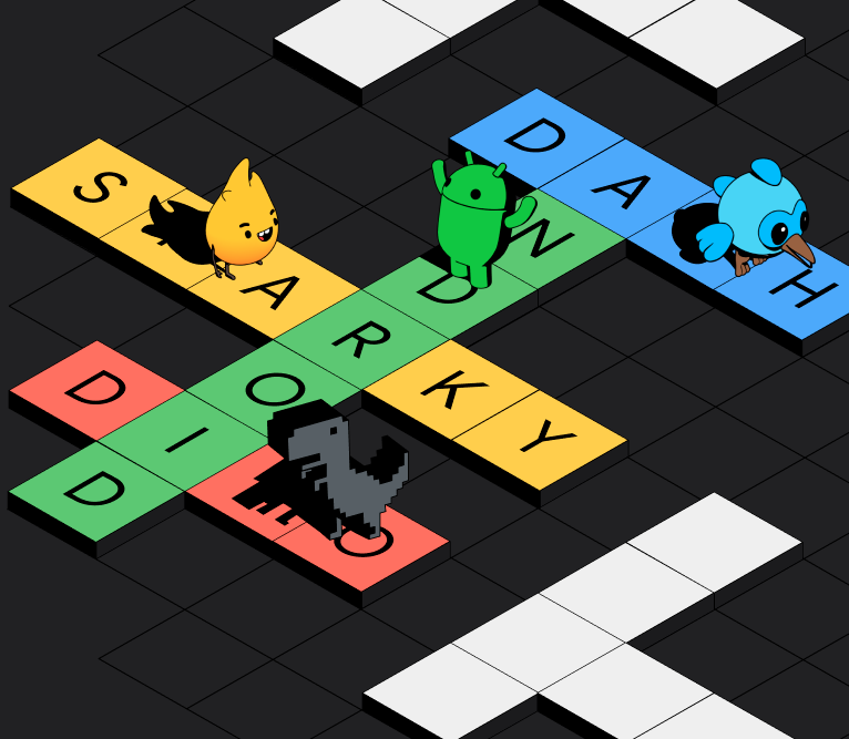 Google のキャラクターが登場するクロスワード パズル。Sparky、Dash、Dino、Android がグリッドにうまく統合され、それぞれの行に名前がスペルアウトされています。