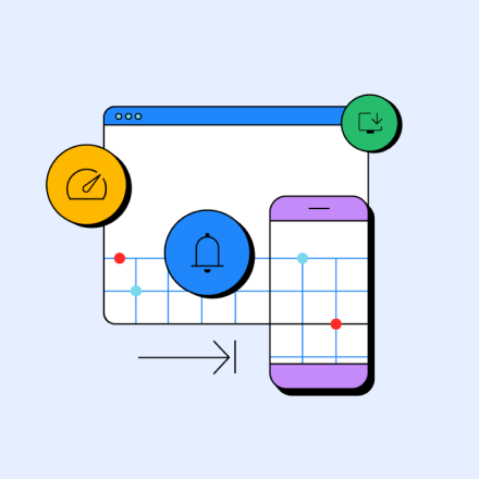 Una ilustración que muestra elementos clave de las apps web progresivas, incluido el almacenamiento en la nube, las notificaciones y la accesibilidad móvil.