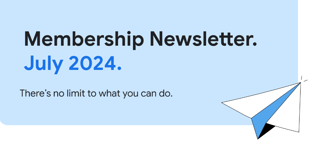 Um banner azul claro com o texto &quot;Newsletter da assinatura&quot; em fonte azul-clara e uma ilustração de um avião de papel à direita. O banner também tem o texto &quot;Não há limites para o que você pode fazer&quot;. e o mês de distribuição.