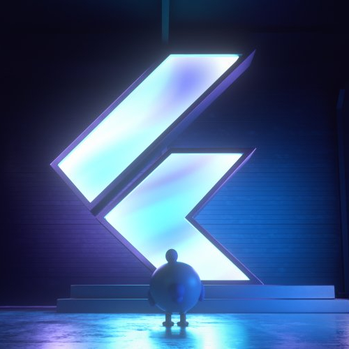 Das Flutter Forward-Logo in Neon mit einem illustrierten Mann davor