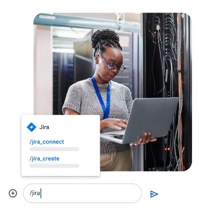 A Black woman stands holding a computer. She has her hair in a bun and wears a gray shirt and glasses as she looks at the screen. A search bar at the bottom right simulates searching for 'Jira' and shows a few results.