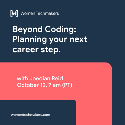 A dark blue banner with a thick red stripe at the bottom. The banner has the text 'Beyond Coding: Planning Your Next Career Step' and the speaker's name, Joedian Reid, inside the red stripe.