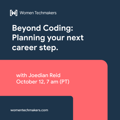 Un banner azul oscuro con una franja roja gruesa en la parte inferior. El banner tiene el texto &quot;Beyond Coding: Planning Your Next Career Step&quot; y el nombre del orador, Joedian Reid, dentro de la franja roja.