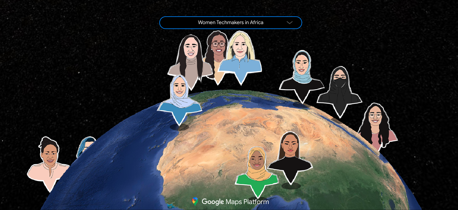 Women Techmakers アンバサダーのグローバル ネットワークを示す地図。各国に応じた多様な人々の集団が地図上に配置されている。