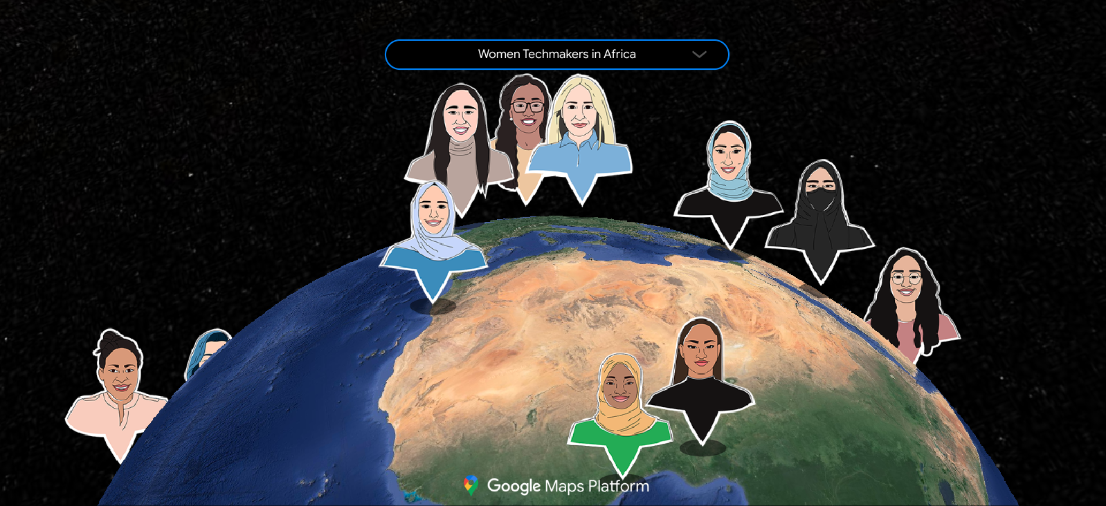 Carte représentant le réseau mondial d&#39;ambassadrices féminines technologiques, représentée par un groupe diversifié de personnes positionnées sur une carte en fonction de leur pays respectif.