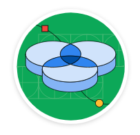 緑色の背景の上に 3 つの重なり合う 3D 円が描かれたベン図のイラスト。円は重なり合うポイントで Vector の切り替えボタンで接続されます。