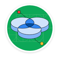  صورة توضيحية لمخطط Venn مع ثلاث دوائر ثلاثية الأبعاد متداخلة على خلفية خضراء تتصل الدوائر بمفاتيح تبديل المتجه عند نقاطها المتداخلة.