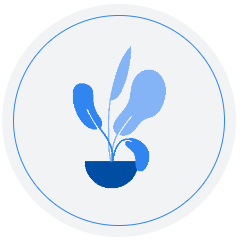 圓形徽章，旁邊有藍色插圖植物。