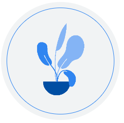 Badge circulaire avec une plante bleue illustrée.