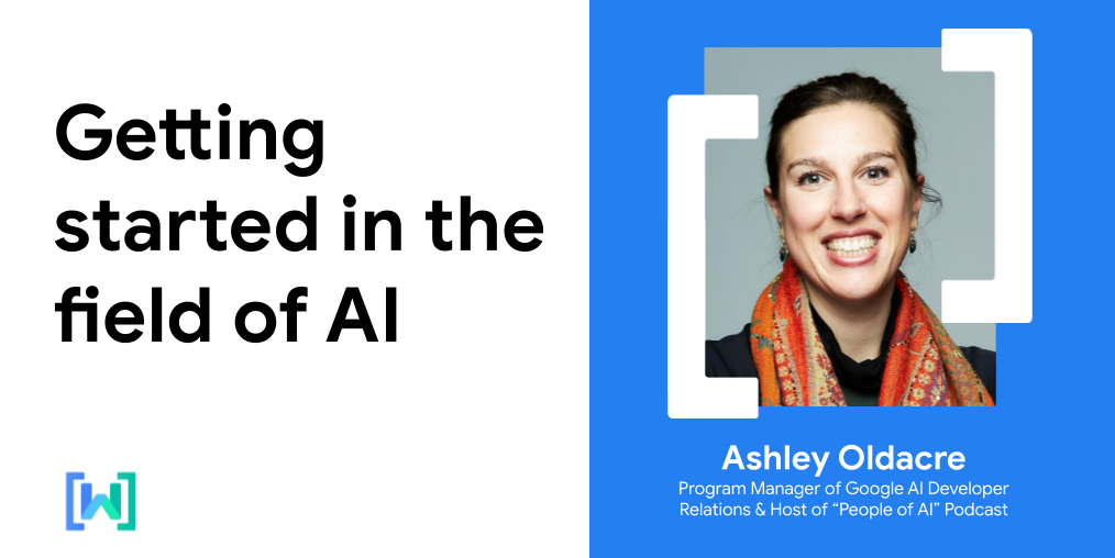Banner of the event: 'Getting Started in the field of AI' on Wednesday, April 24, 2024 at 9:00 AM PT. Ashley, a woman with light hair, is featured on the right side of the banner with her title displayed below her photo.
