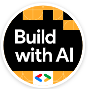 Okrągła plakietka z białymi literami „Buduj z AI” na czarno-żółtym geometrycznym tle.