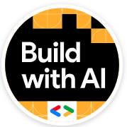 Badge melingkar dengan teks &#39;Build with AI&#39; dalam huruf putih dengan latar belakang geometris hitam dan kuning.