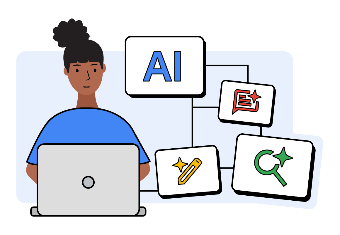 Ilustracja przedstawiająca kobietę pracującą przy komputerze. Wokół niej znajdują się różne ikony reprezentujące koncepcje związane ze sztuczną inteligencją.