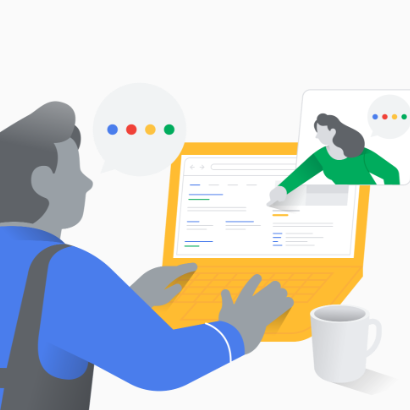 Uma ligação virtual entre um homem e uma mulher de desenho animado. A mulher está explicando as ferramentas do Google para o homem durante uma sessão individual para pequenas empresas.