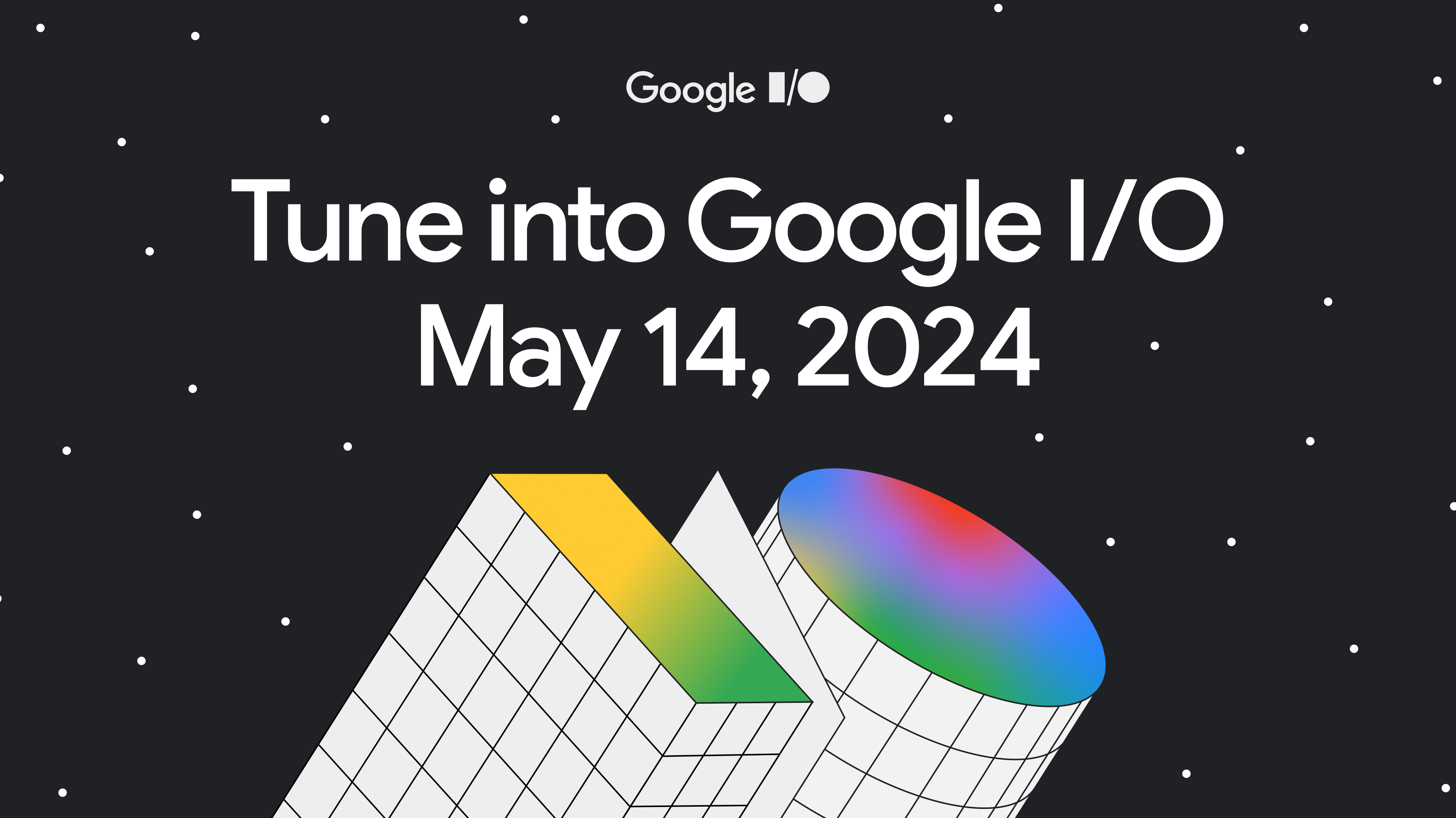 Ilustrasi latar belakang hitam dengan bentuk geometris abstrak berwarna-warni. Banner tersebut berisi teks: &#39;Tonton Google I/O. 14 Mei 2024