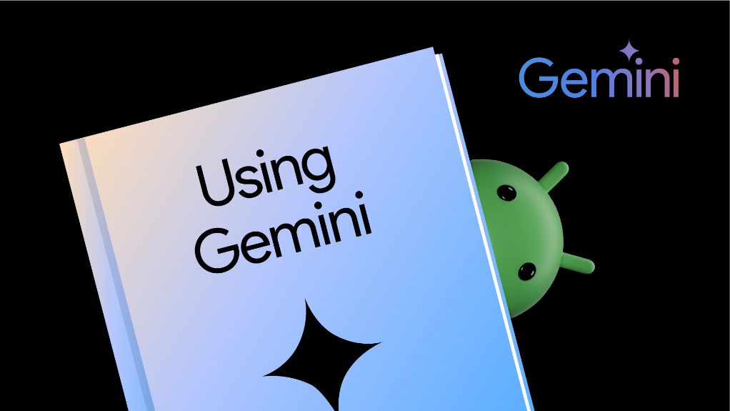 Imagen de un libro titulado &quot;Using Gemini&quot; (Uso de Gemini) con la mascota de Android de pie detrás. El logotipo de Gemini se muestra en la esquina superior derecha.