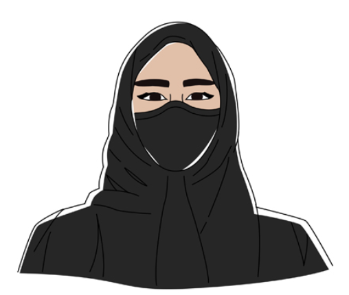 Una versione illustrata di Maryam che indossa un abaya