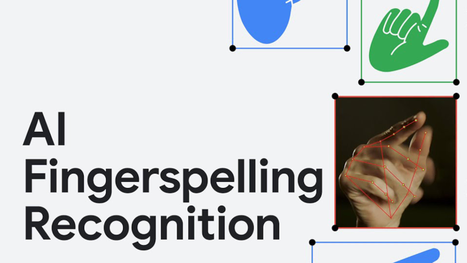 This image shows a banner with the text 'AI Fingerspelling Recognition' on the left side. On the right side, there is a hand signing something in American Sign Language (ASL) with vectors on top of it simulating being read by AI. 