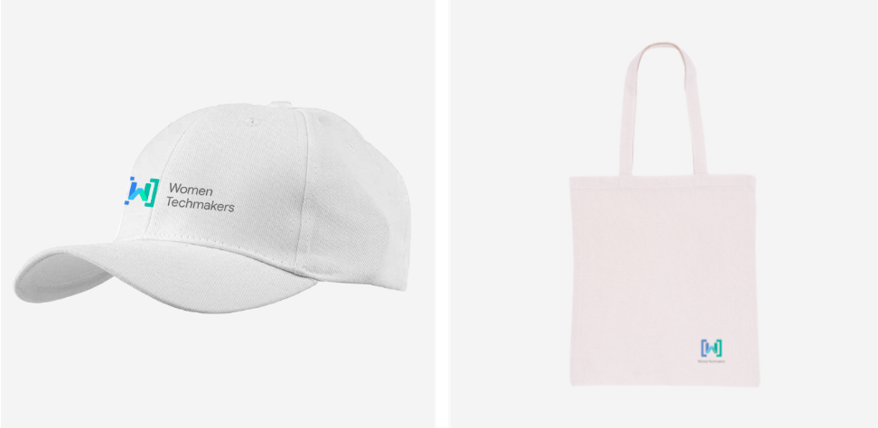 Image of a white cap and a tote bag with the WTM logo.