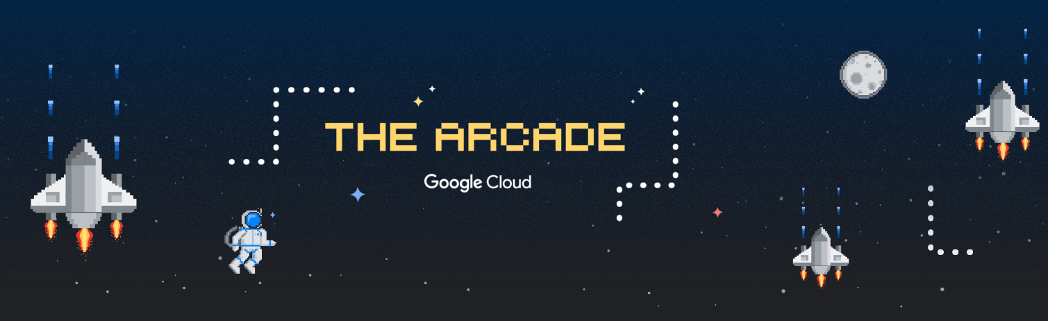 Banner with an 80s video game aesthetic depicting outer space. Features spaceships flying up, an astronaut, and the moon. The text 'The Arcade' is in yellow at the center of the image and the Google Cloud logo is right below it.