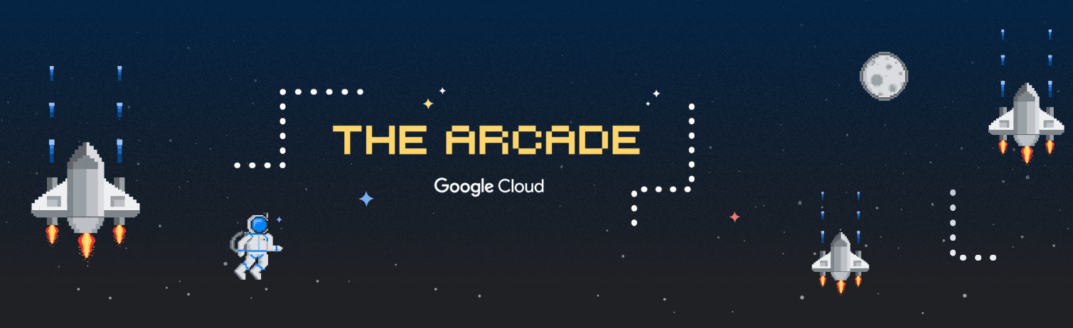 Banner dengan estetika video game tahun 80-an yang menggambarkan luar angkasa. Menampilkan pesawat luar angkasa yang terbang, astronot, dan bulan. Teks &#39;The Arcade&#39; berwarna kuning di tengah gambar dan logo Google Cloud tepat di bawahnya.