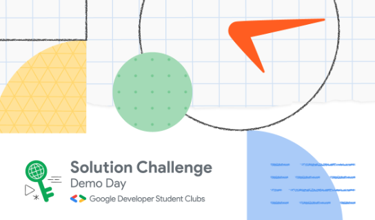 A colourful illustration with geometric figures and the text 'Solution Challenge Demo Day' in the left side corner