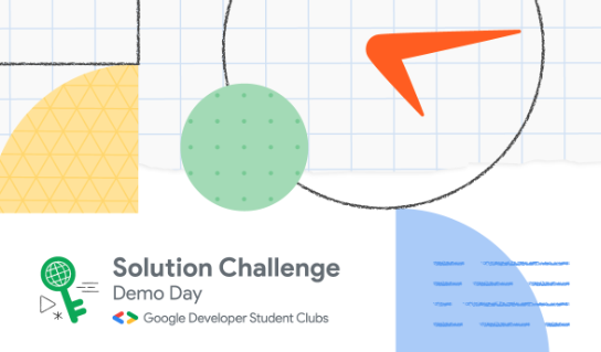 Kolorowa ilustracja z kształtami geometrycznymi i tekstem „Solution Challenge Demo Day” w lewym górnym rogu