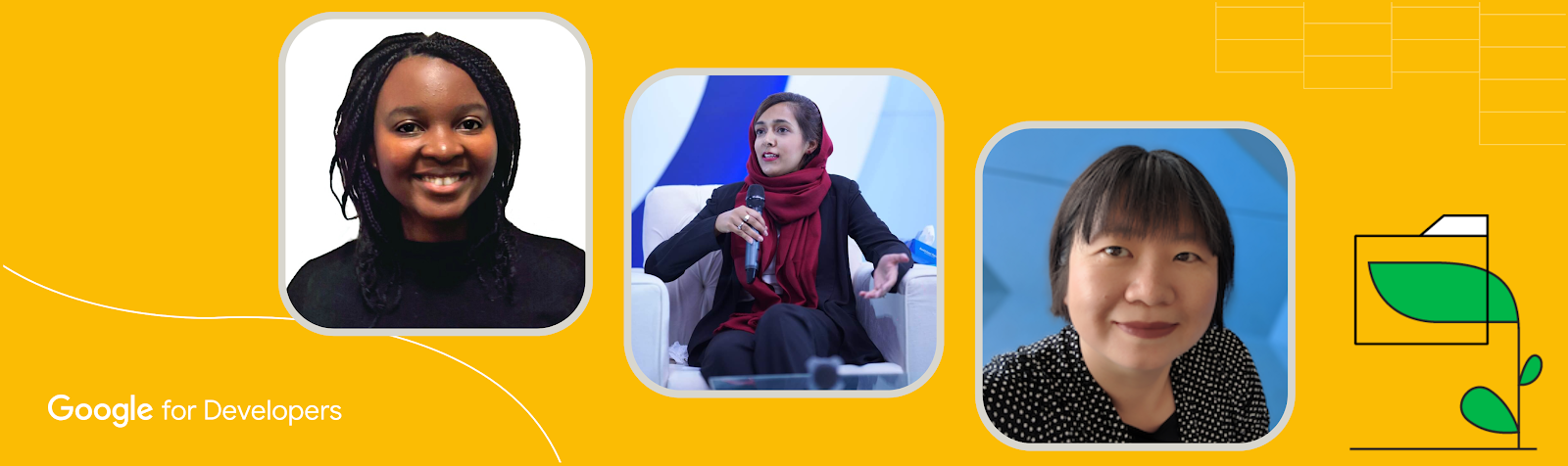 A yellow banner with three photos of women developers. The Google for Developers logo is at the bottom left.