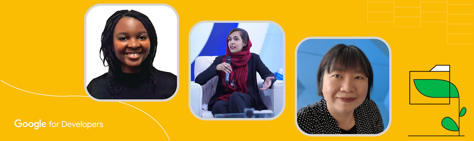 Un banner amarillo con tres fotos de mujeres desarrolladoras. El logotipo de Google for Developers se encuentra en la parte inferior izquierda.